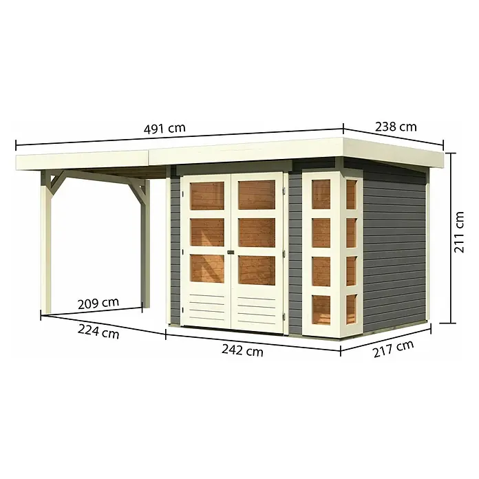 Karibu Gartenhaus Kerko 3 - Außenmaß inkl. Dachüberstand (B x T): 491 x 238 cm, Holz, Terragrau, Mit Seitendach - Abbildung eines Gartenhauses mit den Maßen 491 x 238 x 211 cm, 242 cm breit und 217 cm tief.