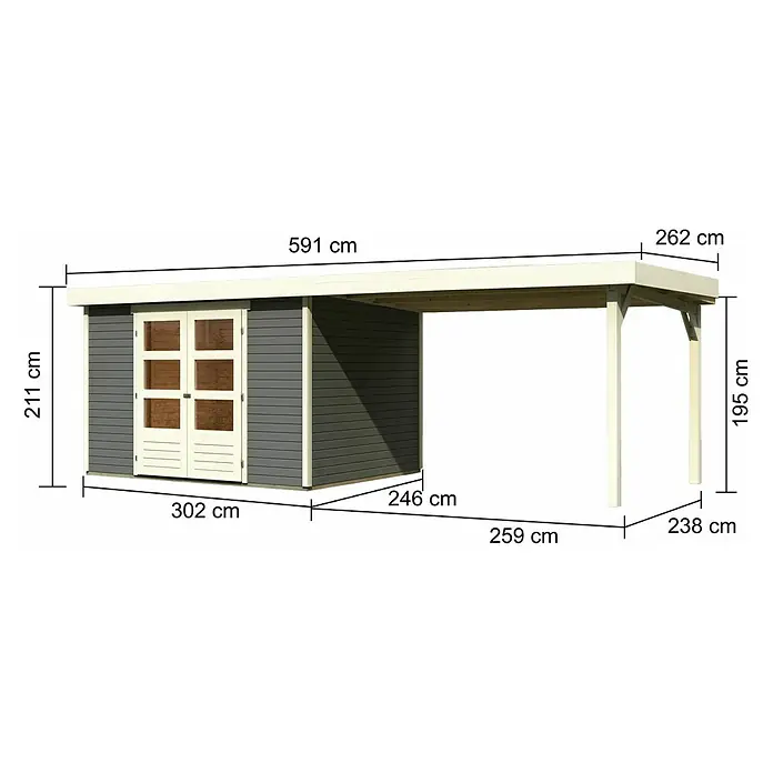 Karibu Gartenhaus Askola 5 - Außenmaß inkl. Dachüberstand (B x T): 591,5 x 262 cm, Holz, Terragrau, Mit Seitendach - Illustration eines Gartenhauses mit angebautem Carport und Maßangaben in Zentimetern.