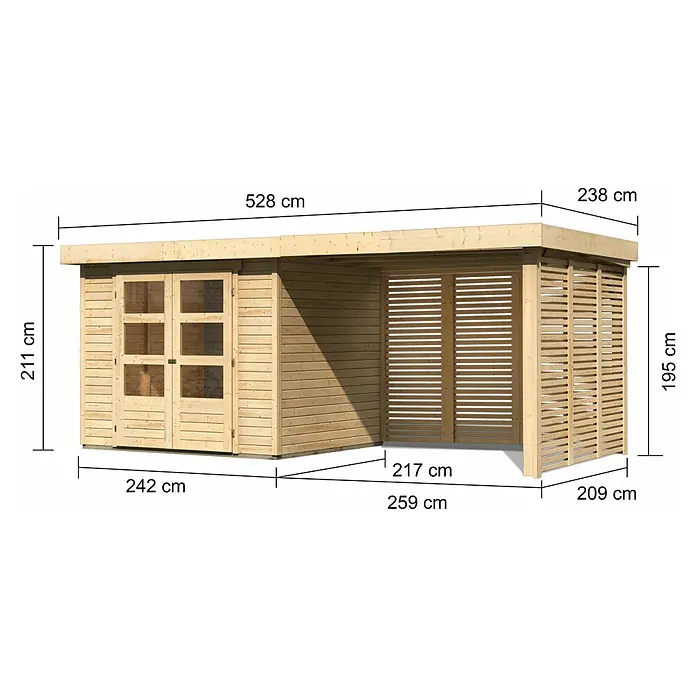 Karibu Gartenhaus Askola 3 - Außenmaß inkl. Dachüberstand (B x T): 528,5 x 238 cm, Holz, Natur, Mit Seitendach, Rück- und Seitenwand - Ansicht des Gartenhauses aus Holz mit Maßangaben zu Länge, Breite und Höhe.