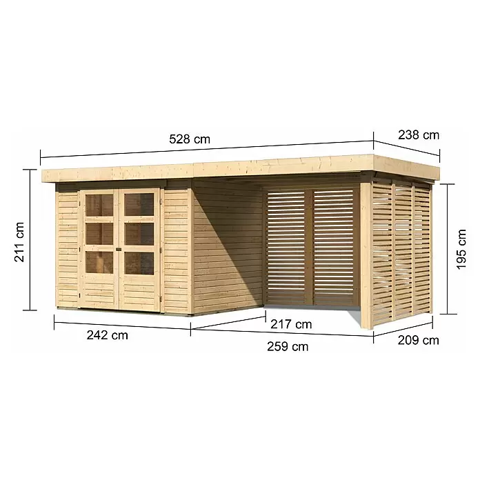 Karibu Gartenhaus Askola 3Außenmaß inkl. Dachüberstand (B x T): 528,5 x 238 cm, Holz, Natur, Mit Seitendach, Rück- und Seitenwand