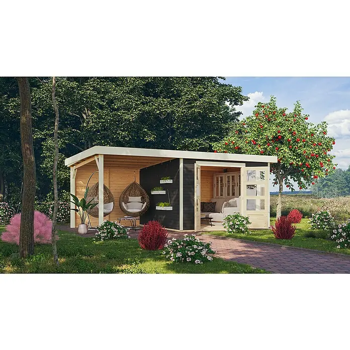Karibu Gartenhaus Kerko 6 - Außenmaß inkl. Dachüberstand (B x T): 558 x 331 cm, Holz, Terragrau, Mit Seitendach und Rückwand - Eine einladende Gartenlounge mit Hängesesseln und einem gemütlichen Innenbereich, ideal zum Entspannen im Freien. Ein schönes Gartenhaus mit Charme.
