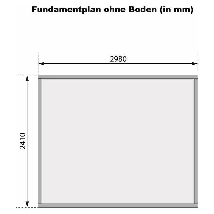 Karibu Gartenhaus Askola 5 - Außenmaß inkl. Dachüberstand (B x T): 330 x 262 cm, Holz, Terragrau, Ohne Seitendach - Fundamentplan ohne Boden mit Maßen 2980 mm Breite und 2410 mm Höhe. Die Konstruktion wird ohne Boden dargestellt, wodurch die Fundamentdetails hervorgehoben werden.