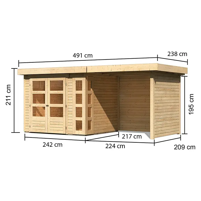 Karibu Gartenhaus Kerko 3 - Außenmaß inkl. Dachüberstand (B x T): 491 x 238 cm, Holz, Natur, Mit Seitendach, Rück- und Seitenwand - Bild eines Holzgartenhauses mit Abmessungen, das seine Größe und die räumliche Anordnung des Produkts hervorhebt.