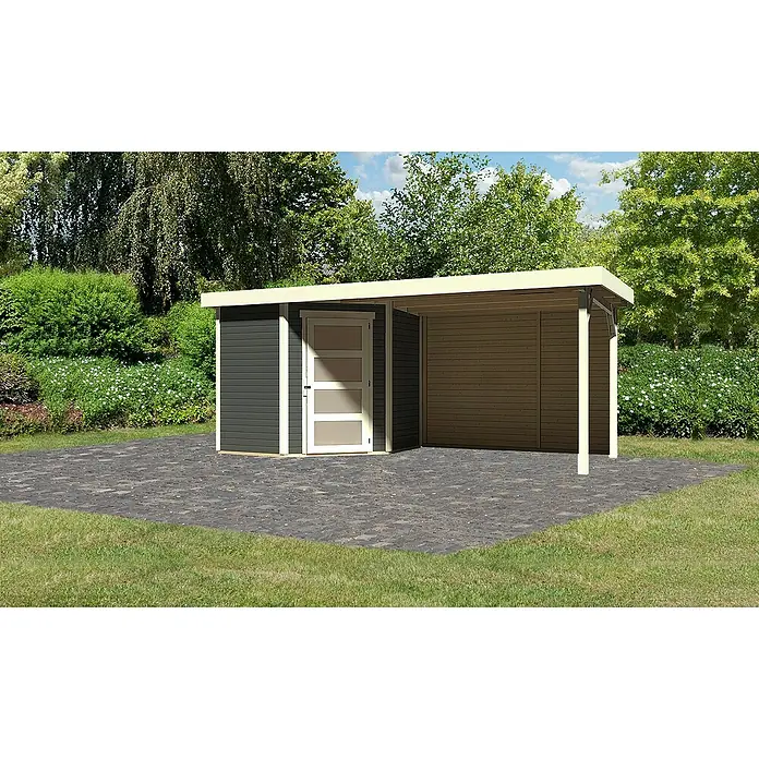 Karibu Gartenhaus Schwandorf 3 - Außenmaß inkl. Dachüberstand (B x T): 504,5 x 238 cm, Holz, Terragrau - Ein modernes Gartenhaus mit Carport-Anbau. Das Haus hat eine dunkle Holzverkleidung und eine helle Tür mit Glas. Der Carport bietet Platz für Fahrräder.