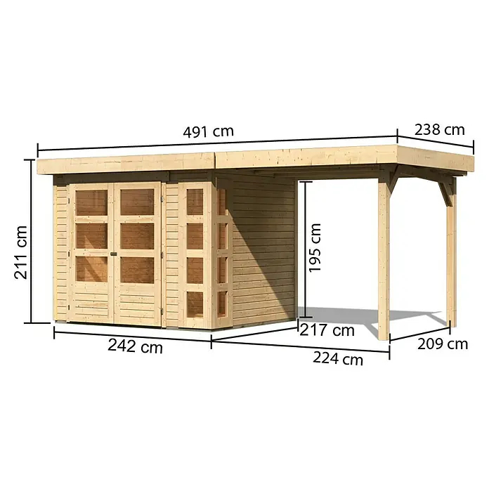 Karibu Gartenhaus Kerko 3 - Außenmaß inkl. Dachüberstand (B x T): 491 x 238 cm, Holz, Natur, Mit Seitendach - Abbildung eines Holzgartenhauses mit den Maßangaben für Höhe, Breite und Länge.