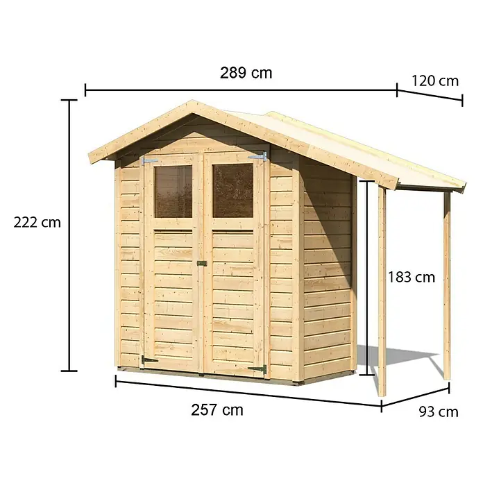 Karibu Gartenhaus - Außenmaß inkl. Dachüberstand (B x T): 289 x 120 cm, Holz, Natur - Abbildung eines Holzschuppens mit den Maßen 289 cm Breite, 222 cm Höhe und 257 cm Tiefe.