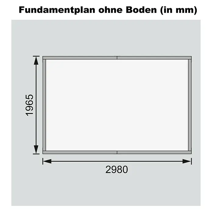 Karibu Marktstand - Außenmaß inkl. Dachüberstand (B x T): 329 x 253 cm, Holz, Natur - Fundamentplan ohne Boden mit den Maßen 2980 x 1965 mm, zur Planung und Vorbereitung von Bauprojekten, dargestellt in einer technischen Zeichnung.