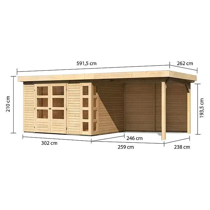 Karibu Gartenhaus Kerko 5Außenmaß inkl. Dachüberstand (B x T): 591,5 x 262 cm, Holz, Natur, Mit Seitendach und Rückwand