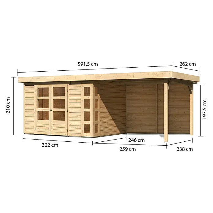 Karibu Gartenhaus Kerko 5 - Außenmaß inkl. Dachüberstand (B x T): 591,5 x 262 cm, Holz, Natur, Mit Seitendach und Rückwand - Abmessungen des Holzgartenhauses mit Anbau, mit Angabe von Höhe, Breite und Tiefe in Zentimetern.