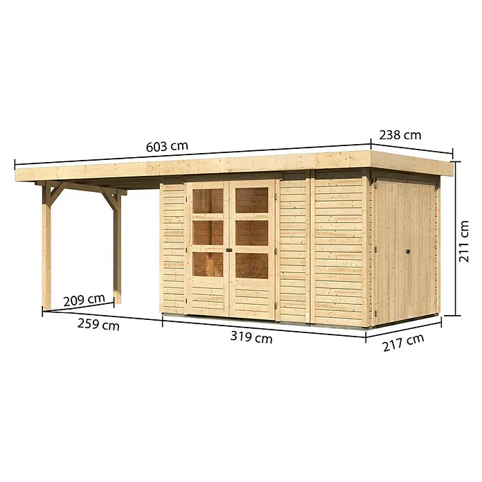 Karibu Gartenhaus Retola 3 - Außenmaß inkl. Dachüberstand (B x T): 603,5 x 238 cm, Holz, Natur - Bild eines Holzgartenhauses mit Carport und den Maßen. Das Gartenhaus hat eine Tür mit Fenstern und eine Tür ohne Fenster.