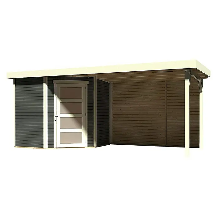 Karibu Gartenhaus Schwandorf 3 - Außenmaß inkl. Dachüberstand (B x T): 504,5 x 238 cm, Holz, Terragrau - Dieses Bild zeigt ein modernes Gartenhaus mit einem angrenzenden Carportbereich, ideal für die Lagerung oder als Unterstand.