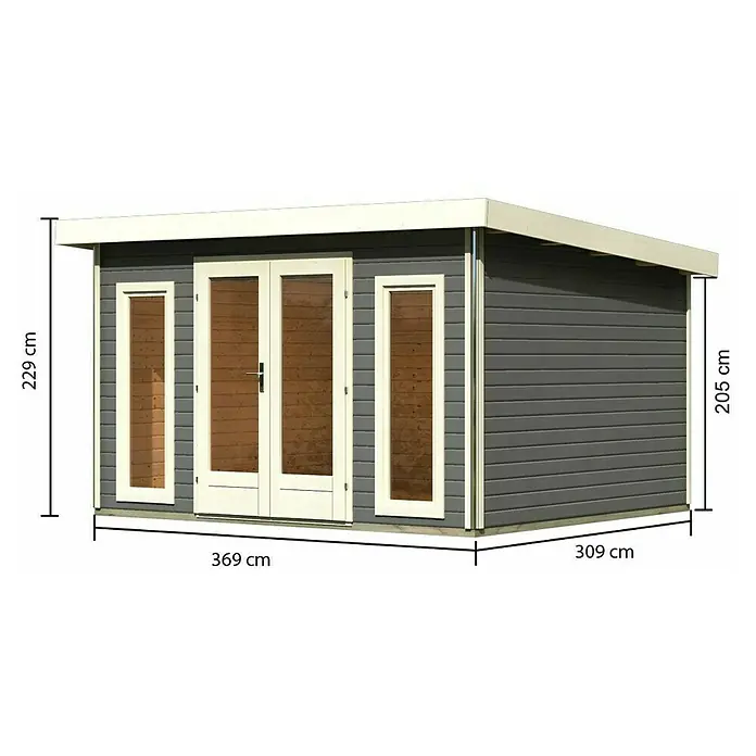 Karibu Gartenhaus Radeburg 2 - Außenmaß inkl. Dachüberstand (B x T): 406 x 331,5 cm, Holz, Terragrau - Abbildung eines modernen Gartenhauses mit Flachdach, grauen Wänden, weißen Fensterrahmen und Türrahmen sowie Maßangaben.