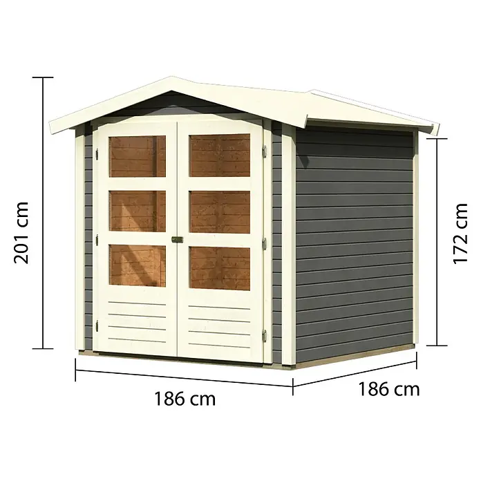 Karibu Gartenhaus Amberg 2 - Außenmaß inkl. Dachüberstand (B x T): 213 x 197 cm, Holz, Terragrau - Abbildung eines Gartenschuppens mit den Maßen 201 cm Höhe, 186 cm Breite und 172 cm Seitenhöhe.