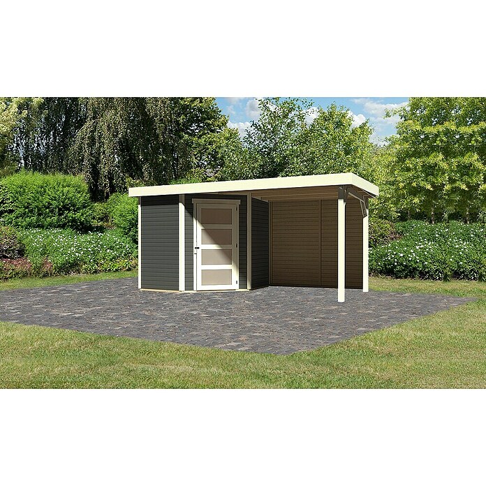 Karibu Gartenhaus Schwandorf 3 (Außenmaß inkl. Dachüberstand (B x T): 467 x 238 cm, Holz, Terragrau) | BAUHAUS