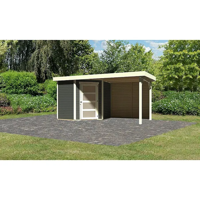 Karibu Gartenhaus Schwandorf 3 - Außenmaß inkl. Dachüberstand (B x T): 467 x 238 cm, Holz, Terragrau - Eine moderne Gartenlaube mit angrenzendem Schuppen bietet vielseitigen Stauraum und Schutz im Freien. Das Design fügt sich nahtlos in jeden Garten ein.