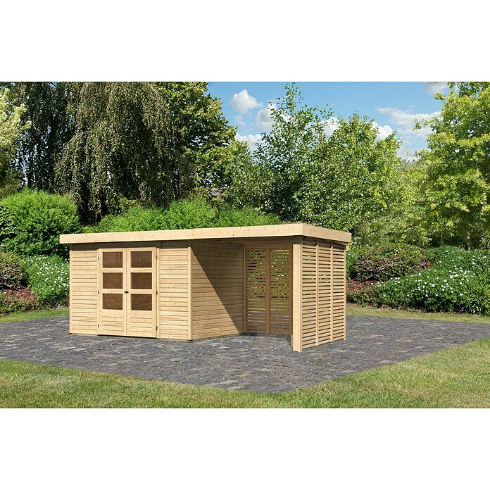 Karibu Gartenhaus Askola 4 (Außenmaß inkl. Dachüberstand (B x T): 554 x 238 cm, Holz, Natur, Mit Seitendach, Rück- und Seitenwand) | BAUHAUS