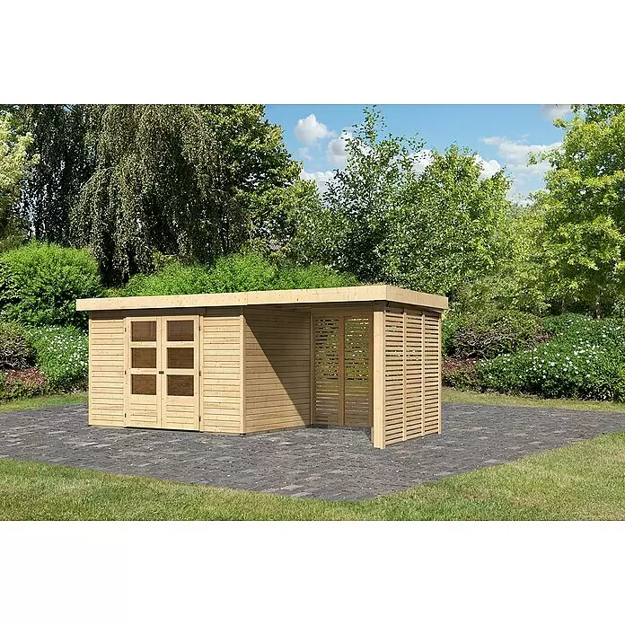 Karibu Gartenhaus Askola 4 - Außenmaß inkl. Dachüberstand (B x T): 554 x 238 cm, Holz, Natur, Mit Seitendach, Rück- und Seitenwand - Stimmungsaufnahme