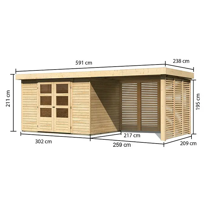 Karibu Gartenhaus Askola 4 - Außenmaß inkl. Dachüberstand (B x T): 591,5 x 238 cm, Holz, Natur, Mit Seitendach, Rück- und Seitenwand - Abmessungen des Gartenhauses aus Holz mit Anbau, ideal für Gartenutensilien und als Unterstand.