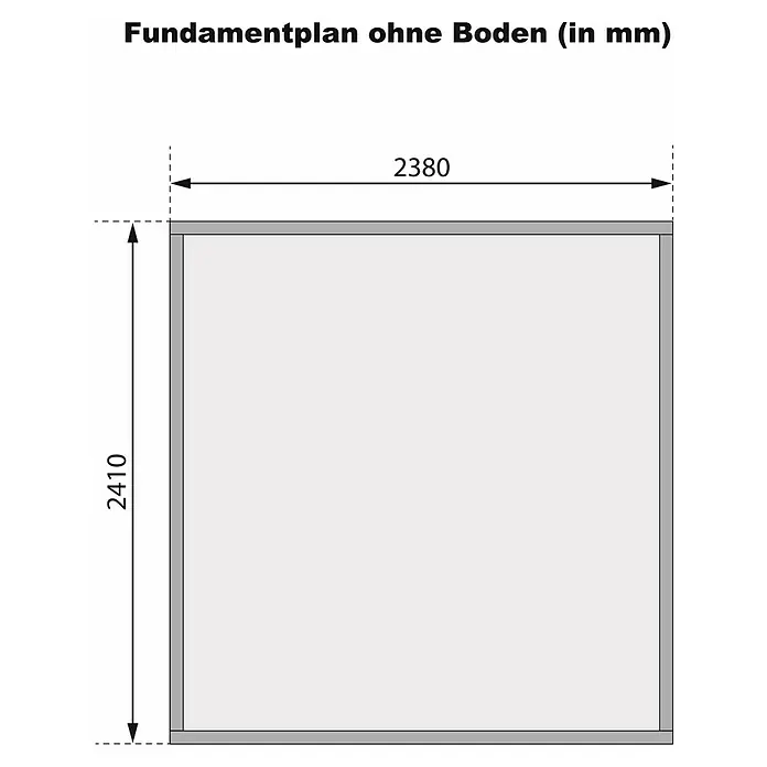 Karibu Gartenhaus Cuno 3 - Außenmaß inkl. Dachüberstand (B x T): 266 x 238 cm, Holz, Terragrau - Fundamentplan ohne Boden (in mm): Schematische Darstellung mit Maßangaben für Länge (2380 mm) und Höhe (2410 mm).
