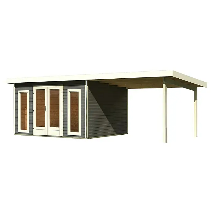 Karibu Gartenhaus Radeburg 2 - Außenmaß inkl. Dachüberstand (B x T): 724 x 331,5 cm, Holz, Terragrau, Mit Seitendach - Das Gartenhaus mit Vordach bietet zusätzlichen Stauraum und Schutz vor Witterungseinflüssen. Das Haus hat Fenster und eine Doppeltür.