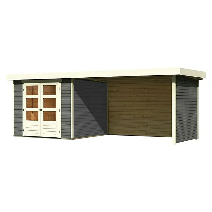 Karibu Gartenhaus Askola 3,5 - Außenmaß inkl. Dachüberstand (B x T): 528,5 x 262 cm, Holz, Terragrau, Mit Seitendach, Rück- und Seitenwand - Holzgartenhaus mit Doppeltür und überdachter Veranda, ideal für Gartenarbeit und Entspannung.