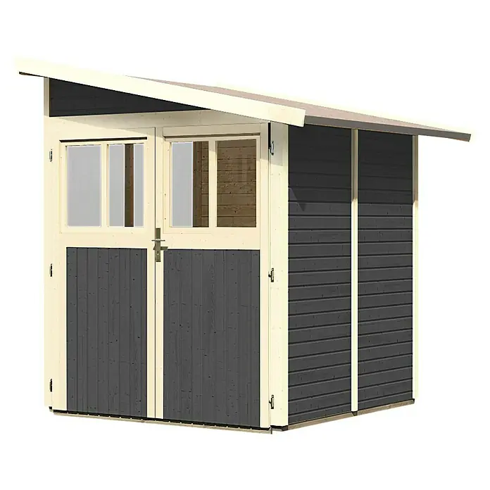Karibu Gartenhaus Wandlitz 2 - Außenmaß inkl. Dachüberstand (B x T): 200 x 232 cm, Holz, Terragrau - Abbildung eines Gerätehauses mit Doppeltüren und Fenstern im oberen Bereich und einem Dach, das über die Seiten hinausragt.
