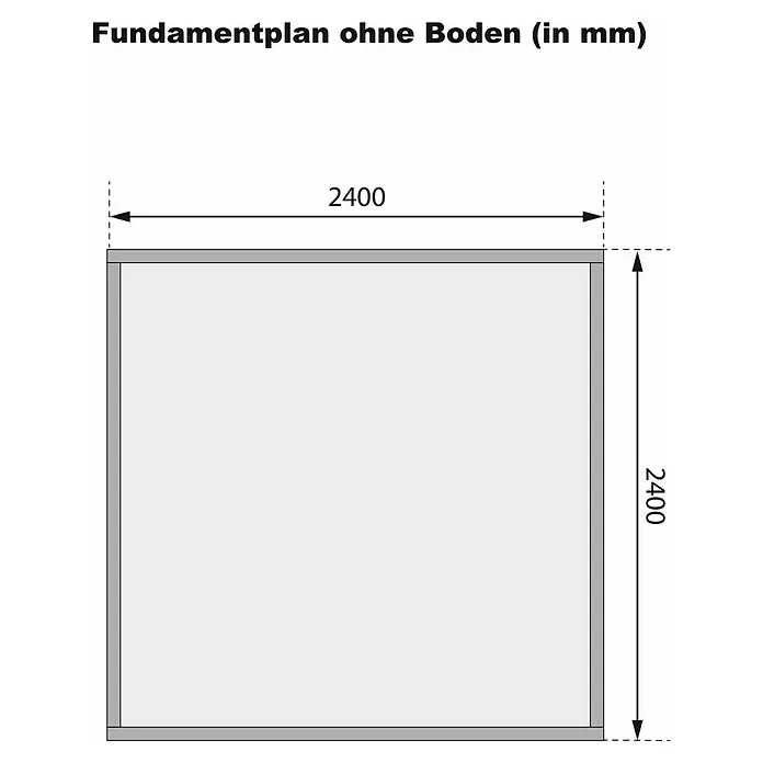 Karibu Gartenhaus Theres - Außenmaß inkl. Dachüberstand (B x T): 270 x 288 cm, Holz, Terragrau - Fundamentplan ohne Boden mit den Maßen 2400 x 2400 mm. Der Plan zeigt die Außenmaße des Fundaments. Ideal für Bauprojekte.