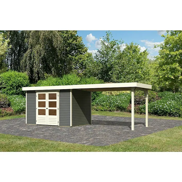 Karibu Gartenhaus Askola 4 - Außenmaß inkl. Dachüberstand (B x T): 591,5 x 238 cm, Holz, Terragrau, Mit Seitendach - Das Gartenhaus mit Unterstand bietet zusätzlichen Stauraum und Schutz vor Wettereinflüssen. Ideal für Gartenwerkzeug und -möbel.