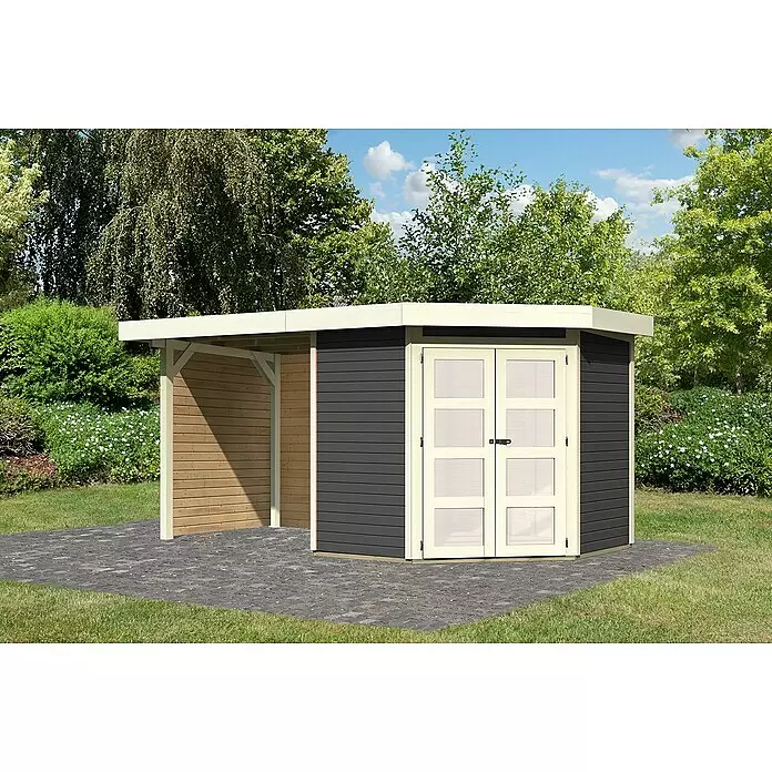 Karibu Gartenhaus Goldendorf 3Außenmaß inkl. Dachüberstand (B x T): 467 x 238 cm, Holz, Terragrau, Mit Seitendach, Rück- und Seitenwand