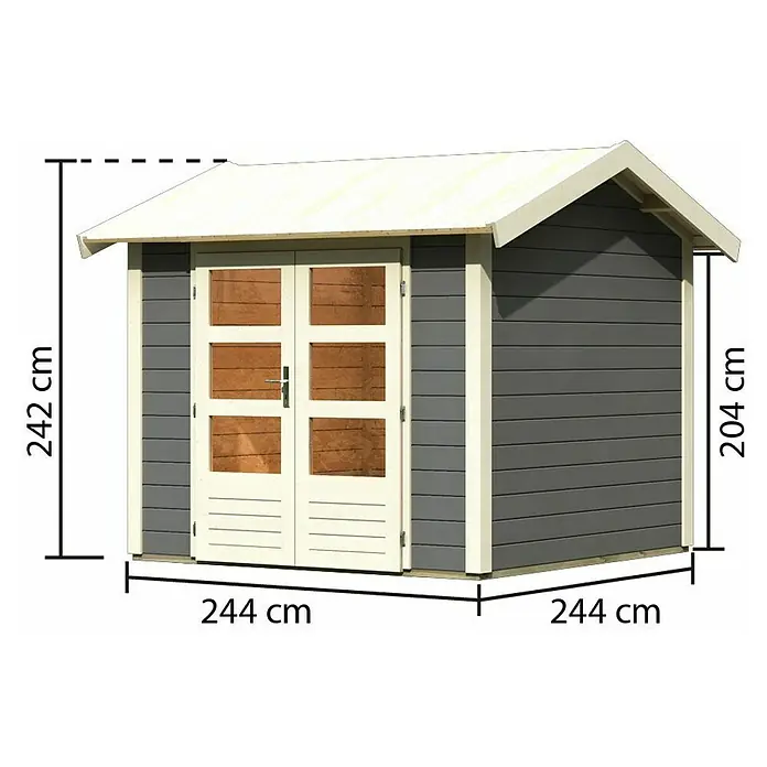 Karibu Gartenhaus Theres - Außenmaß inkl. Dachüberstand (B x T): 270 x 288 cm, Holz, Terragrau - Abbildung eines Gartenhauses mit den Maßen 244 cm x 244 cm und einer Höhe von 242 cm, die Wandhöhe beträgt 204 cm.