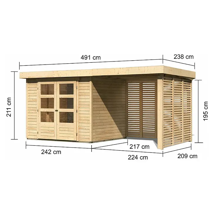 Karibu Gartenhaus Askola 3 - Außenmaß inkl. Dachüberstand (B x T): 491 x 238 cm, Holz, Natur, Mit Seitendach, Rück- und Seitenwand - Ansicht eines Holzgartenhauses mit den Maßen 491 cm breit und 211 cm hoch.