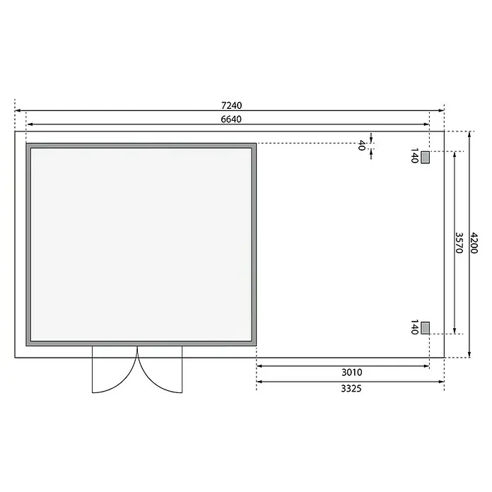 Karibu Gartenhaus Northeim 5 - Außenmaß inkl. Dachüberstand (B x T): 724 x 393 cm, Holz, Natur, Mit Seitendach und Rückwand - Grundriss eines rechteckigen Gebäudes mit einer Gesamtlänge von 7240 mm und einer Breite von 4200 mm, einschließlich Türpositionierung.