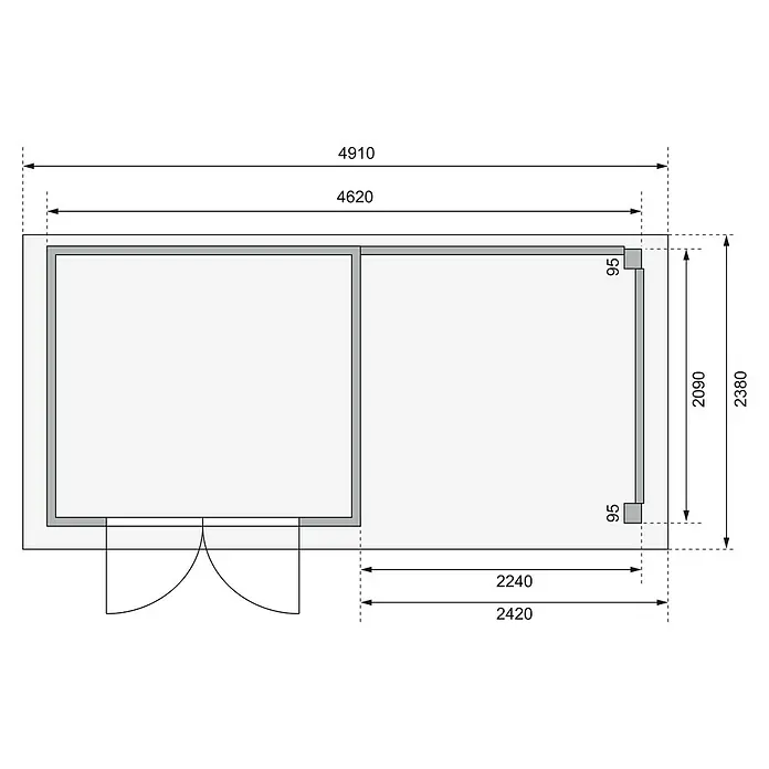 Karibu Gartenhaus Kerko 3 - Außenmaß inkl. Dachüberstand (B x T): 491 x 238 cm, Holz, Terragrau, Mit Seitendach, Rück- und Seitenwand - Grundriss eines Gartenhauses mit genauen Maßangaben zu Länge, Breite und Höhe der einzelnen Elemente.