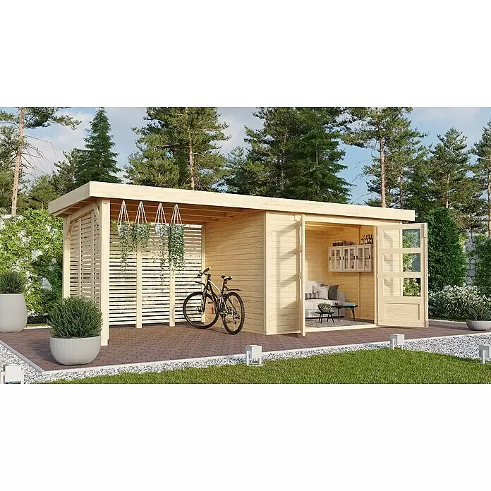 Karibu Gartenhaus Askola 4 - Außenmaß inkl. Dachüberstand (B x T): 591,5 x 238 cm, Holz, Natur, Mit Seitendach, Rück- und Seitenwand - Naturholz-Gartenschuppen mit angebauter Lamellenpergola, als Außenwohnbereich und Fahrradunterstand.