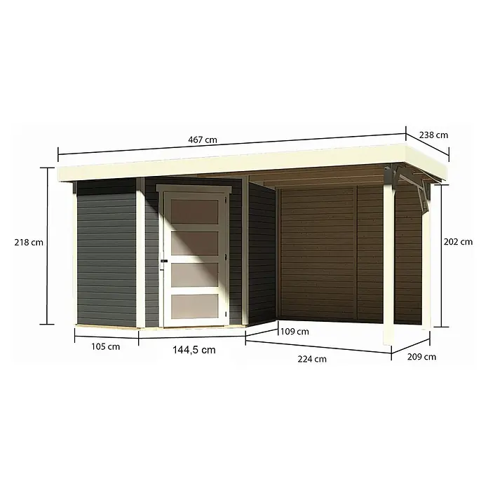 Karibu Gartenhaus Schwandorf 3 - Außenmaß inkl. Dachüberstand (B x T): 467 x 238 cm, Holz, Terragrau - Abmessungen des Gerätehauses mit Anbau und Flachdach in cm. Das Gerätehaus ist in Grau gehalten und hat eine weiße Tür.