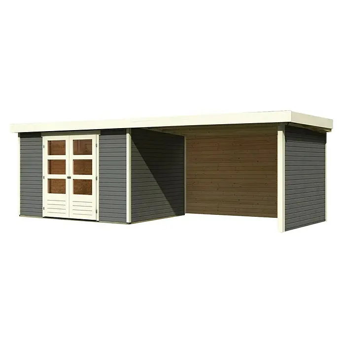 Karibu Gartenhaus Askola 5 - Außenmaß inkl. Dachüberstand (B x T): 591,5 x 262 cm, Holz, Terragrau, Mit Seitendach, Rück- und Seitenwand - Abbildung eines Holzschuppens mit Doppeltüren und überdachtem Bereich. Ideal für Gartenwerkzeuge und Outdoor-Ausrüstung.