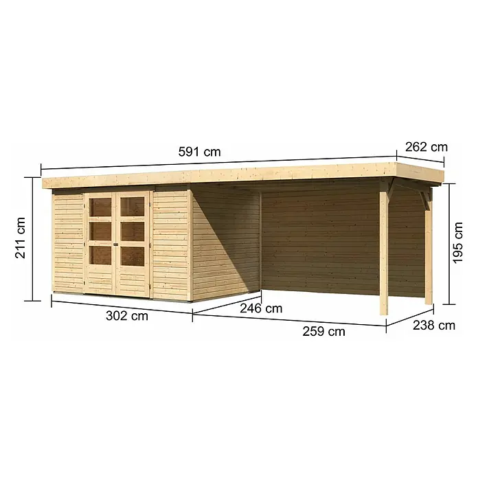 Karibu Gartenhaus Askola 5 - Außenmaß inkl. Dachüberstand (B x T): 591,5 x 262 cm, Holz, Natur, Mit Seitendach und Rückwand - Abbildung eines Holzgartenhauses mit den Abmessungen 591 cm x 262 cm (Dach), Höhe 211 cm (Haus) und 195 cm (Veranda).