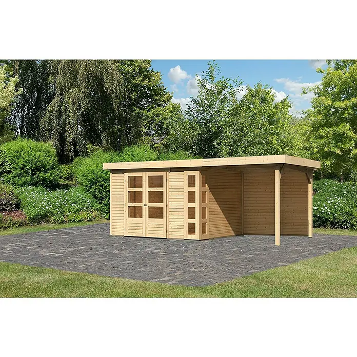 Karibu Gartenhaus Kerko 5Außenmaß inkl. Dachüberstand (B x T): 554 x 262 cm, Holz, Natur, Mit Seitendach und Rückwand - Ein modernes Gartenhaus mit Doppeltür und einem überdachten Bereich bietet viel Platz und Schutz im Freien.