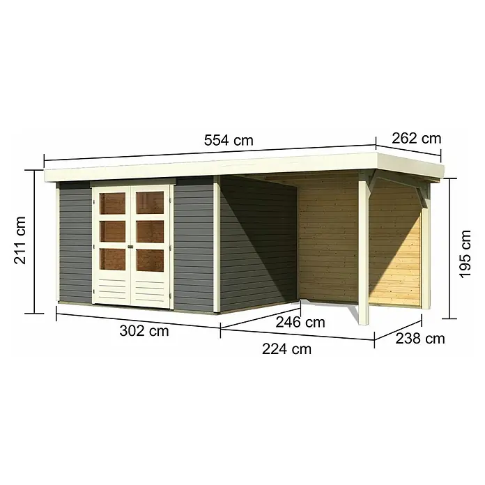 Karibu Gartenhaus Askola 5 - Außenmaß inkl. Dachüberstand (B x T): 554 x 262 cm, Holz, Terragrau, Mit Seitendach und Rückwand - Abmessungen des Holzschuppens mit einer Länge von 554 cm, einer Höhe von 211 cm und einer Tiefe von 262 cm.