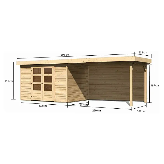 Karibu Gartenhaus Askola 4 - Außenmaß inkl. Dachüberstand (B x T): 591,5 x 238 cm, Holz, Natur, Mit Seitendach und Rückwand - Ansicht des Holzgartenhauses mit genauen Maßangaben zur einfachen Planung und Montage im eigenen Garten.