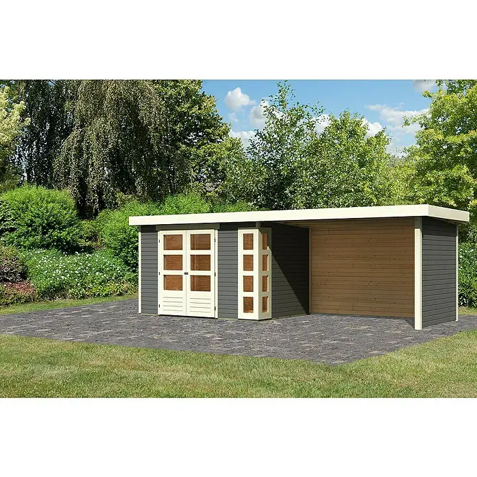 Karibu Gartenhaus Kerko 4 - Außenmaß inkl. Dachüberstand (B x T): 609 x 238 cm, Holz, Terragrau, Mit Seitendach, Rück- und Seitenwand - Moderne Gartenlaube mit Doppeltür und offenem Anbau, ideal für stilvolle Outdoor-Aufbewahrung und Entspannung im Garten.