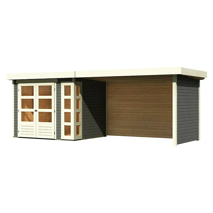 Karibu Gartenhaus Kerko 3 - Außenmaß inkl. Dachüberstand (B x T): 528,5 x 238 cm, Holz, Terragrau, Mit Seitendach, Rück- und Seitenwand - Abbildung eines Gartenhauses mit Doppeltüren und einer offenen Veranda, ideal für den Garten.
