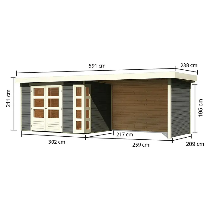 Karibu Gartenhaus Kerko 4 - Außenmaß inkl. Dachüberstand (B x T): 609 x 238 cm, Holz, Terragrau, Mit Seitendach, Rück- und Seitenwand - Abbildung eines Gartenhauses mit Maßangaben, das die Abmessungen und das Design des Produkts hervorhebt.
