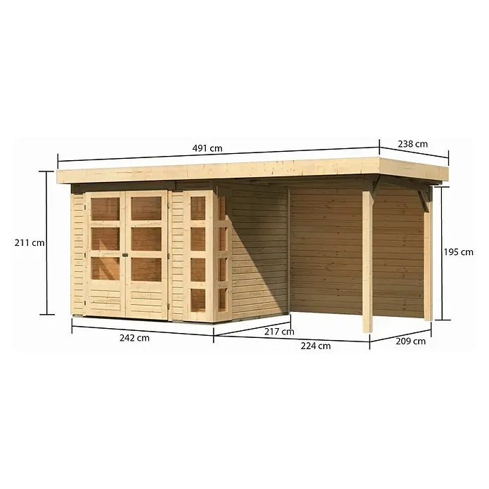Karibu Gartenhaus Kerko 3 - Außenmaß inkl. Dachüberstand (B x T): 491 x 238 cm, Holz, Natur, Mit Seitendach und Rückwand - Abbildung eines Holzgartenhauses mit genauen Maßangaben, die die Größe und Abmessungen des Produkts hervorheben.
