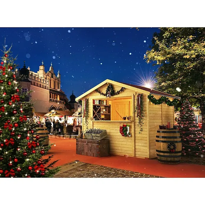 Karibu MarktstandAußenmaß inkl. Dachüberstand (B x T): 329 x 253 cm, Holz, Natur - Festlicher Weihnachtsmarktstand mit Dekorationen, der eine fröhliche und einladende Atmosphäre für Besucher schafft.