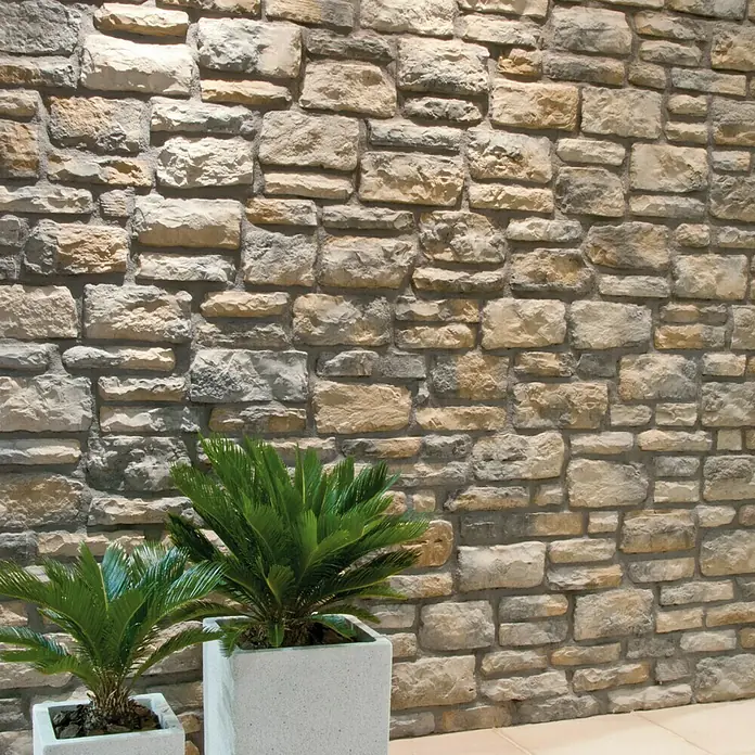 Revestimiento de piedra Silleria Plomo - Gris, Cantidad total: 4 pzs. - Pared de piedra decorativa con dos helechos de palma Sago en macetas blancas. El diseño robusto añade un toque de elegancia natural.