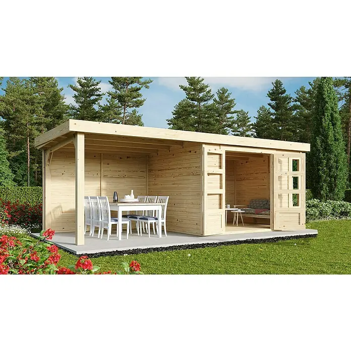 Karibu Gartenhaus Kerko 5 - Außenmaß inkl. Dachüberstand (B x T): 554 x 262 cm, Holz, Natur, Mit Seitendach und Rückwand - Helle Holzgartenlaube mit offenem Essbereich und geschlossenem Entspannungsbereich, ideal für den Garten.