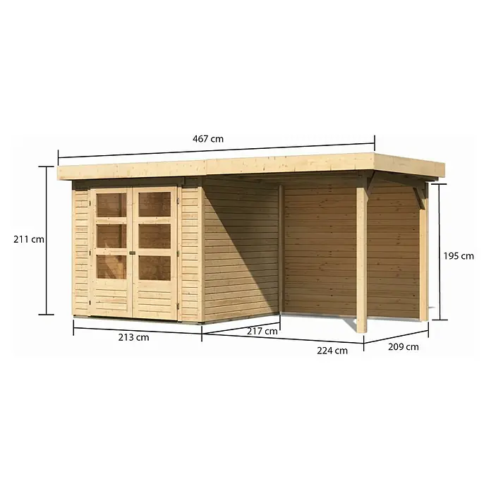 Karibu Gartenhaus Askola 2 - Außenmaß inkl. Dachüberstand (B x T): 467 x 238 cm, Holz, Natur, Mit Seitendach & Rückwand - Bild einer Holzgartenlaube mit Maßangaben. Die Laube bietet einen geschützten Raum im Freien.