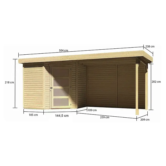 Karibu Gartenhaus Schwandorf 3Außenmaß inkl. Dachüberstand (B x T): 504,5 x 238 cm, Holz, Natur, Mit Seitendach und Rückwand