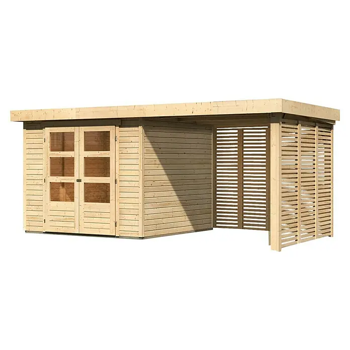 Karibu Gartenhaus Askola 3,5 - Außenmaß inkl. Dachüberstand (B x T): 491 x 262 cm, Holz, Natur, Mit Seitendach, Rück- und Seitenlamellenwand - Ein helles Holzgartenhaus mit Doppeltüren und einer überdachten Terrasse mit Lamellenstruktur bietet einen modernen und funktionalen Außenbereich.